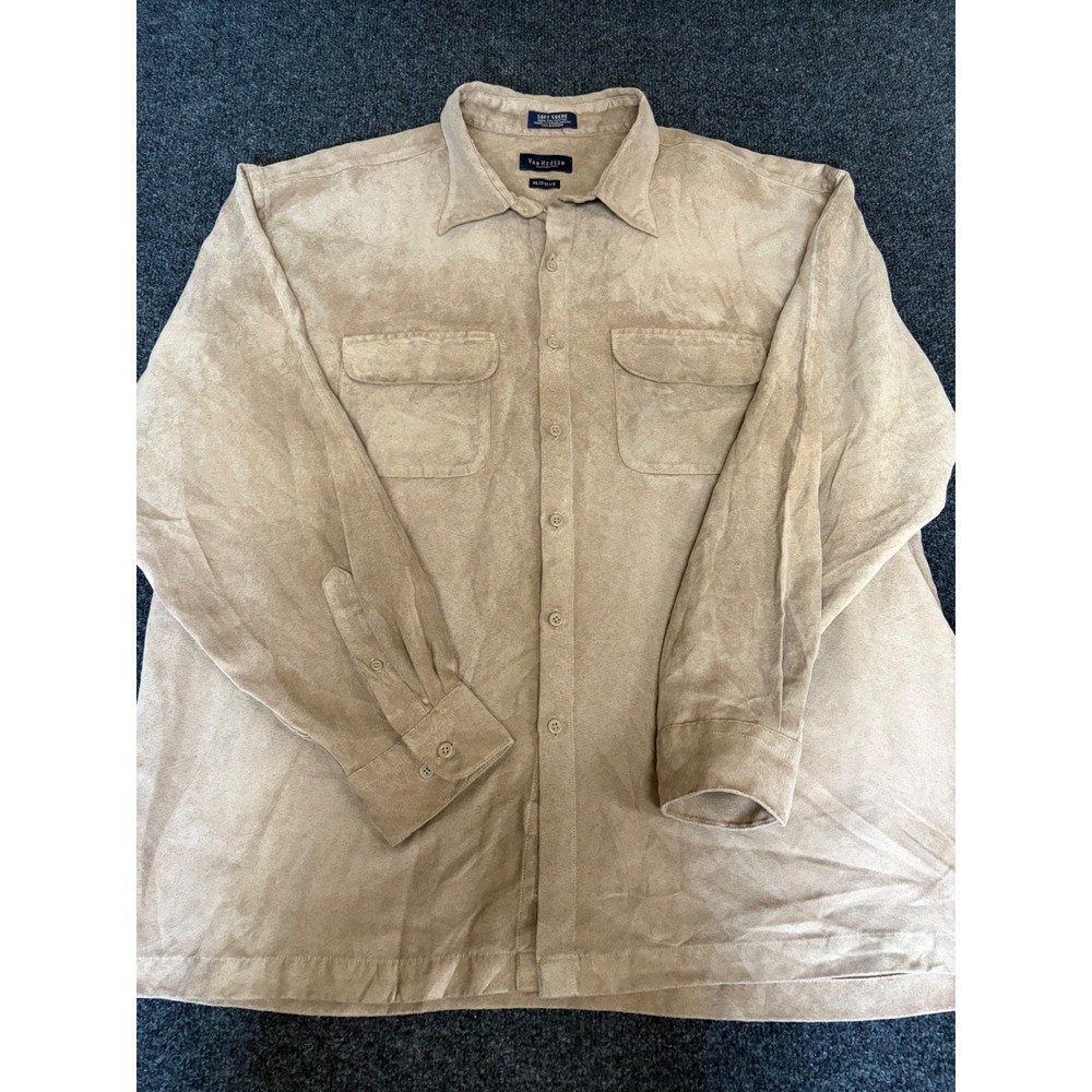 Van Heusen Mens XL Tan Soft Suede Button Down Shirt Long Sleeve Faux Suede Tan
